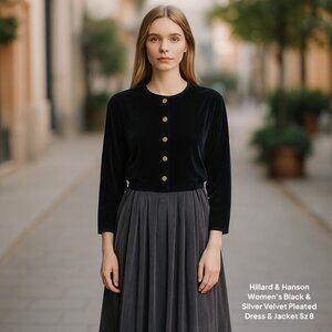 Hillard & Hanson Women's Black & Silver Velvet Pleated Dress & Jacket Sz 8